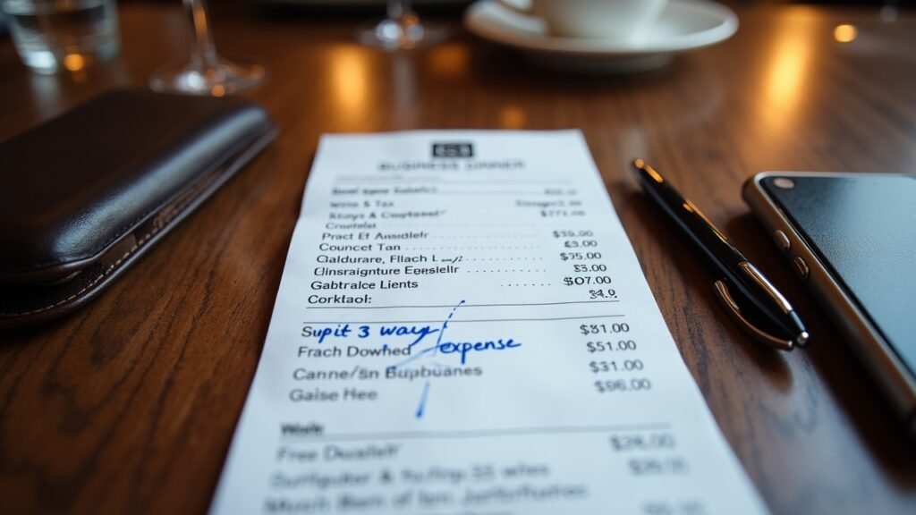 Itemized receipt from a business dinner with notes