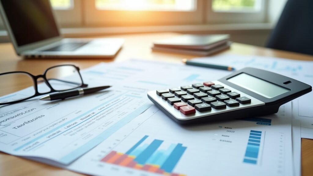 Calculator and stacked tax documents on office desk