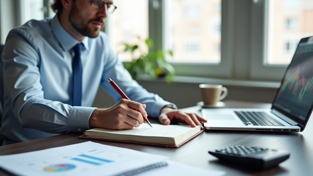 Financial planner writing capital gains strategy notes