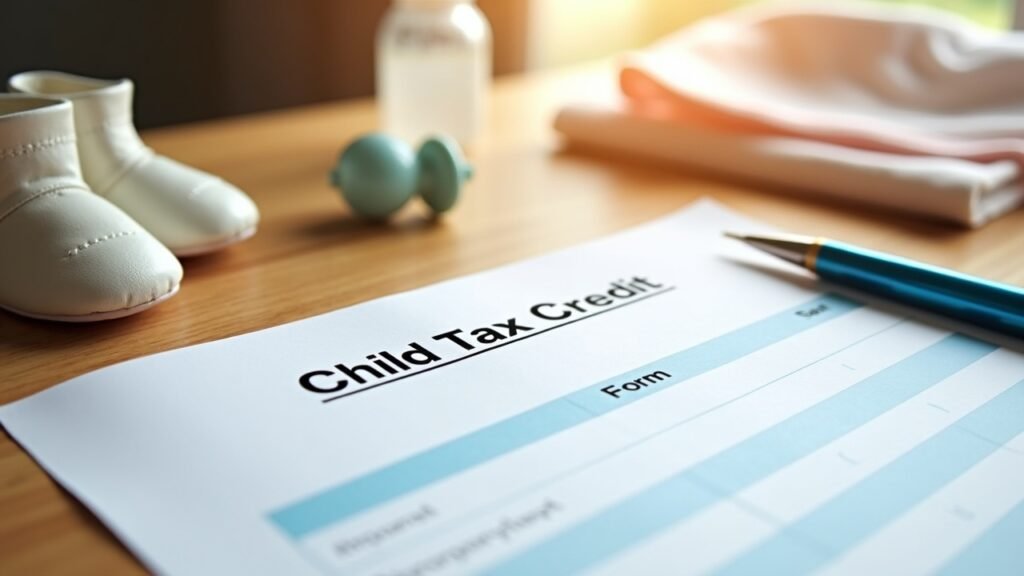 Child Tax Credit form with baby items nearby on desk