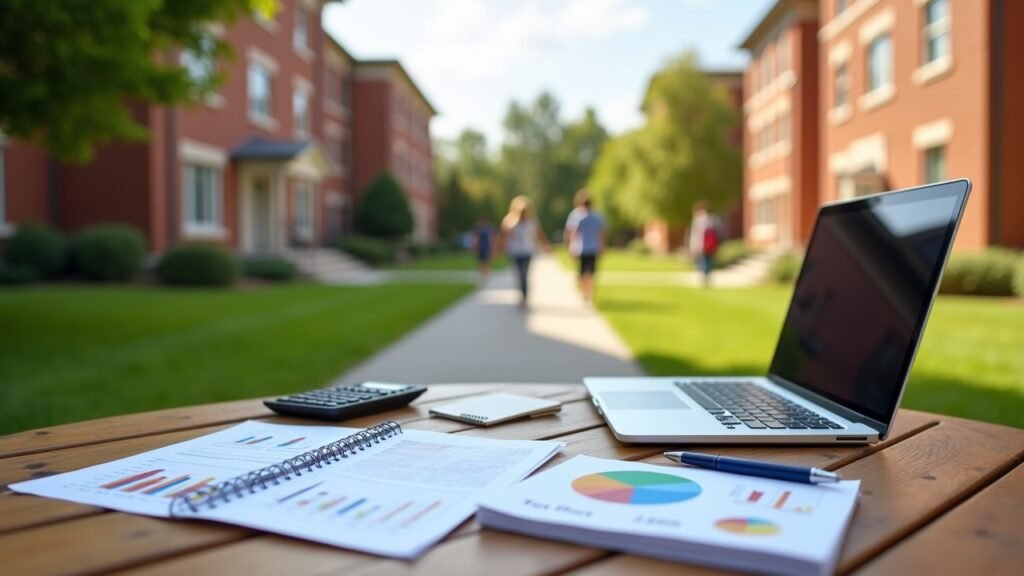 College campus with financial planning documents nearby