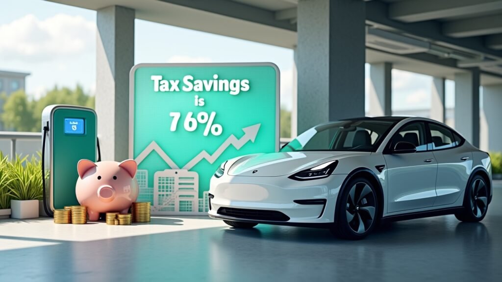 Electric car parked next to a tax savings concept