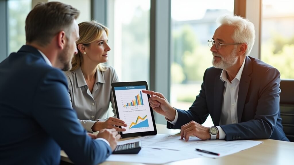 Financial advisor and client at a retirement meeting