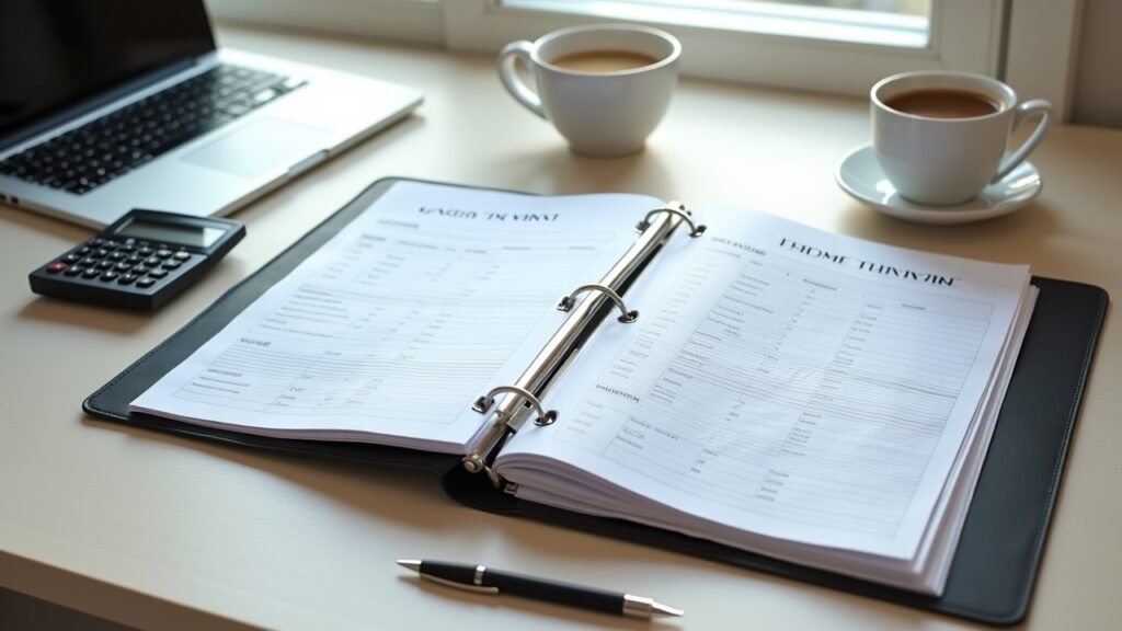Organized income tracking binder open on a desk