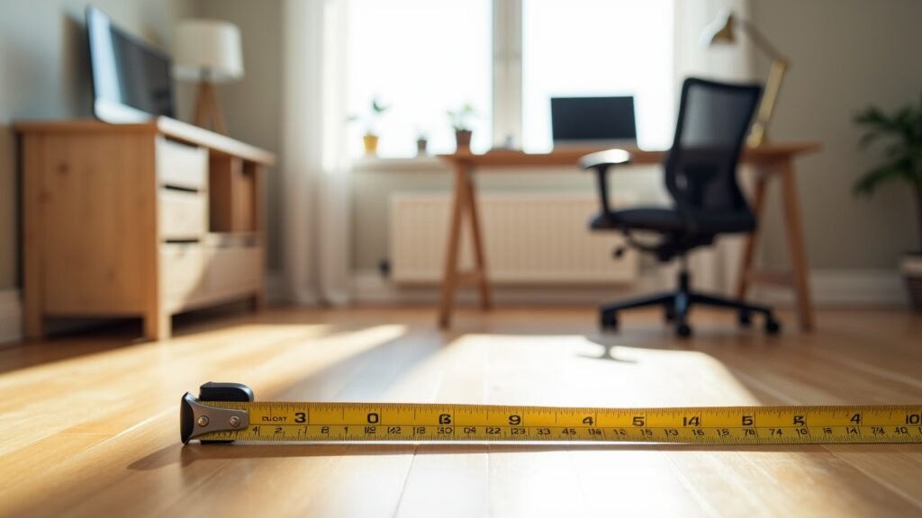 Measuring tape on home office floor for square footage