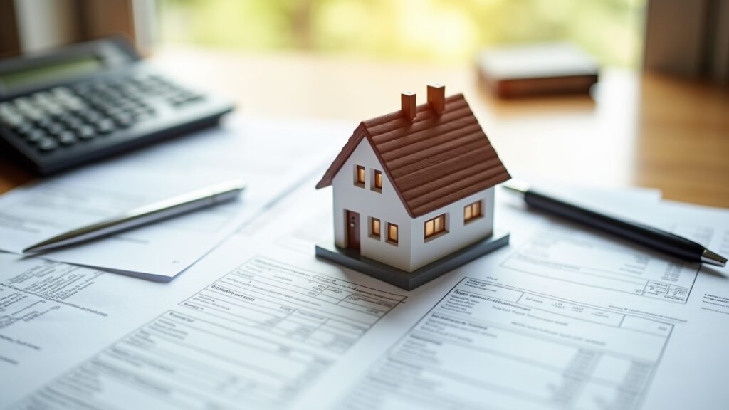 House model placed next to tax forms and calculator