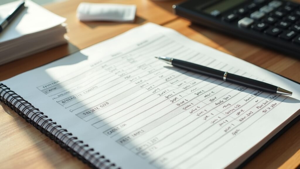 Neat desk with an open ledger and expense records