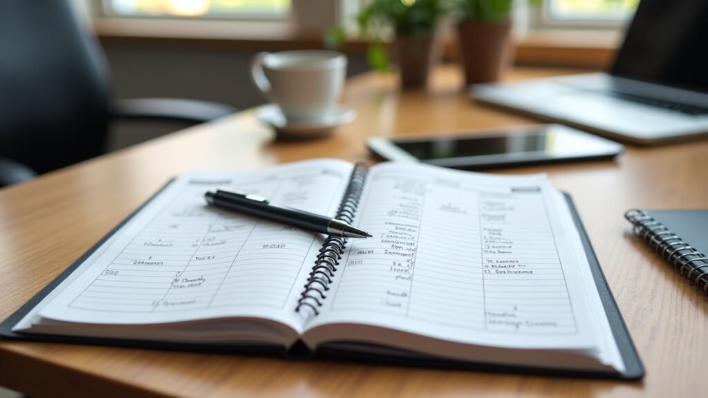 Mileage log book open on a desk with pen