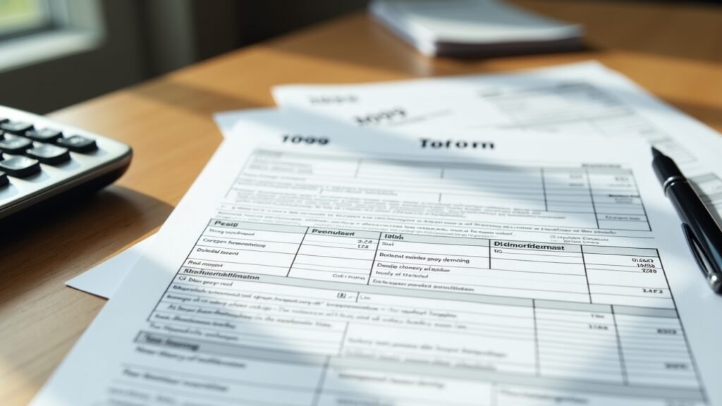 Multiple 1099 tax forms neatly organized on a desk