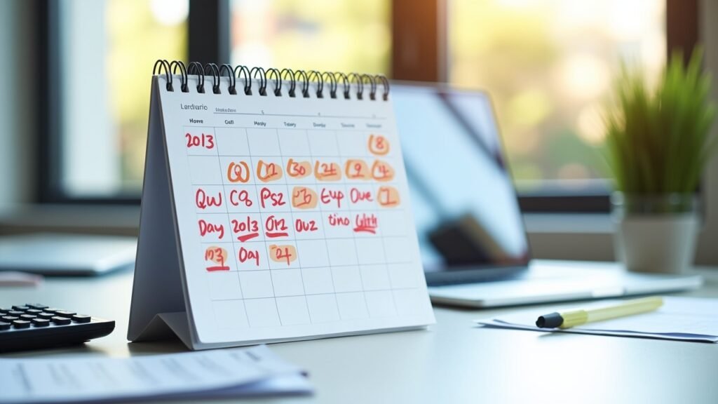 Calendar with Q1 Q2 Q3 Q4 tax due dates highlighted