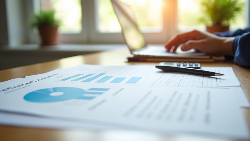 Retirement account documents and calculator on desk
