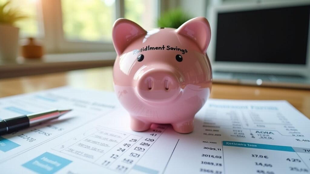 Piggy bank labeled retirement savings on tax forms