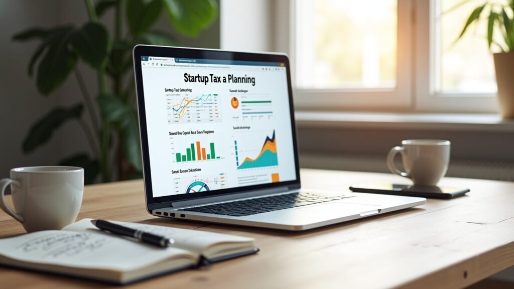 Laptop showing startup tax planning research online