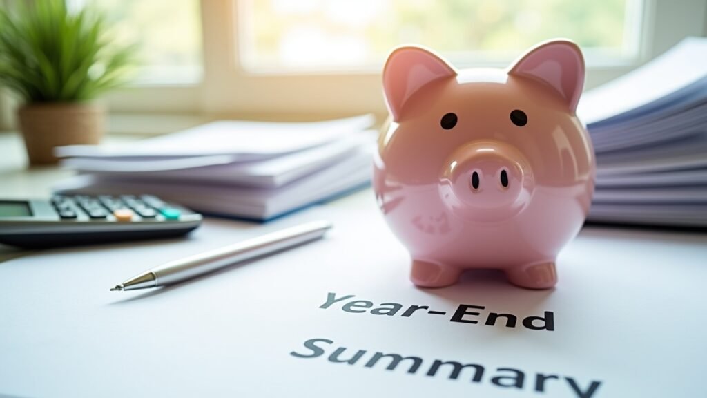Piggy bank and tax forms representing year-end savings