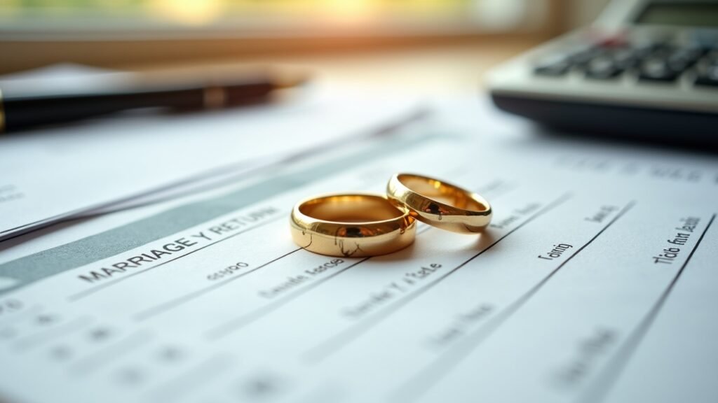 Wedding rings placed next to tax return forms