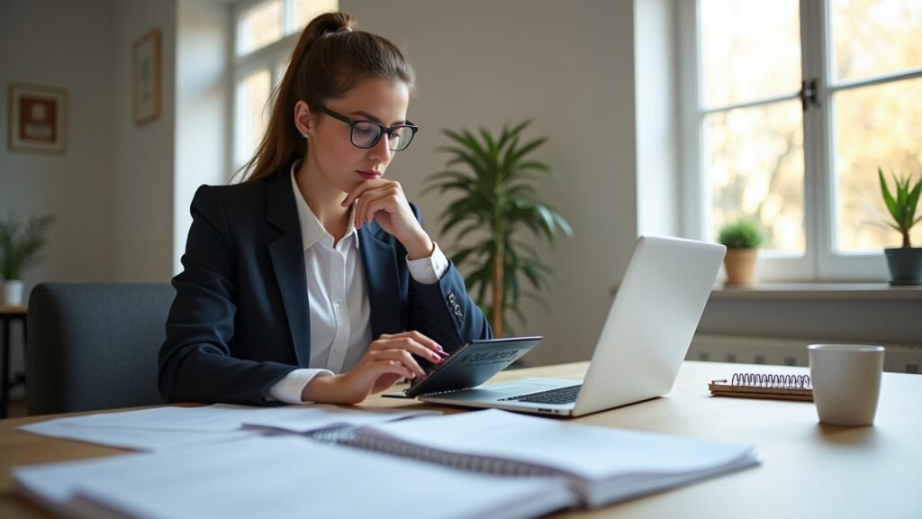 Young professional calculating education tax deductions