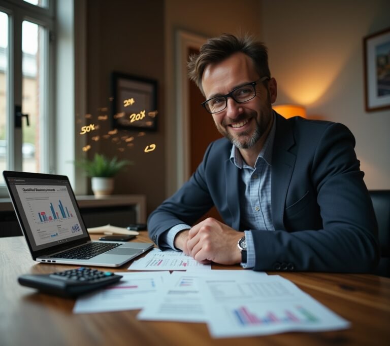 Business owner reviewing QBI deduction worksheet at desk