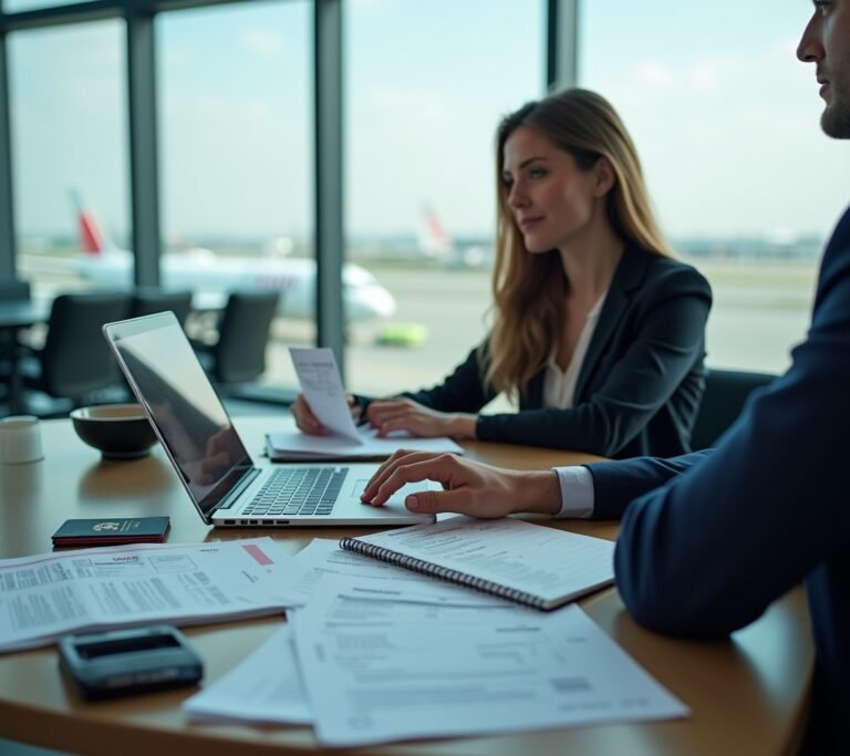 Business traveler at airport with rolling luggage bag