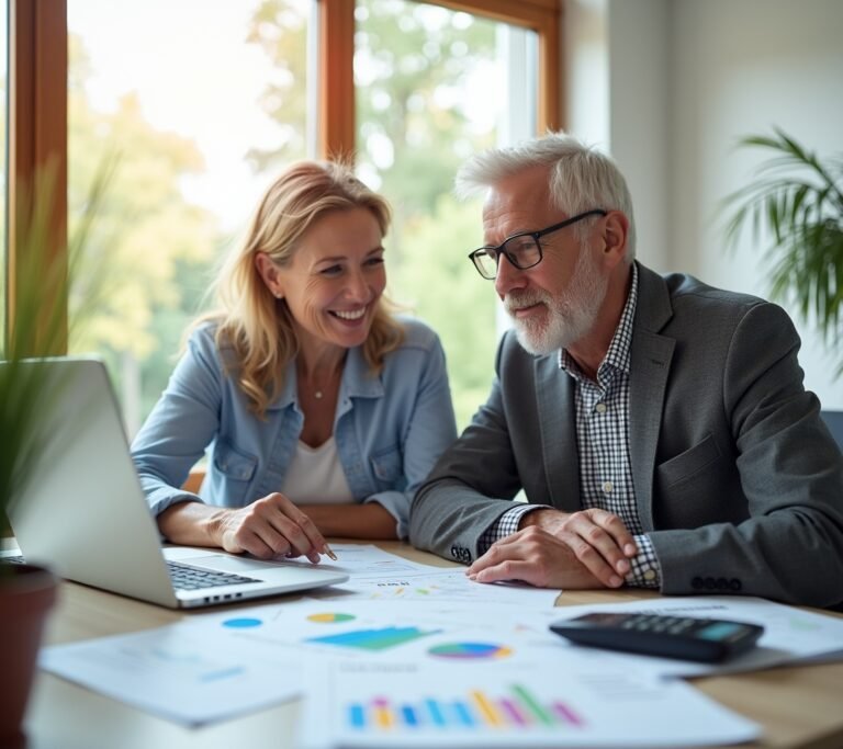 Couple planning retirement finances at kitchen table