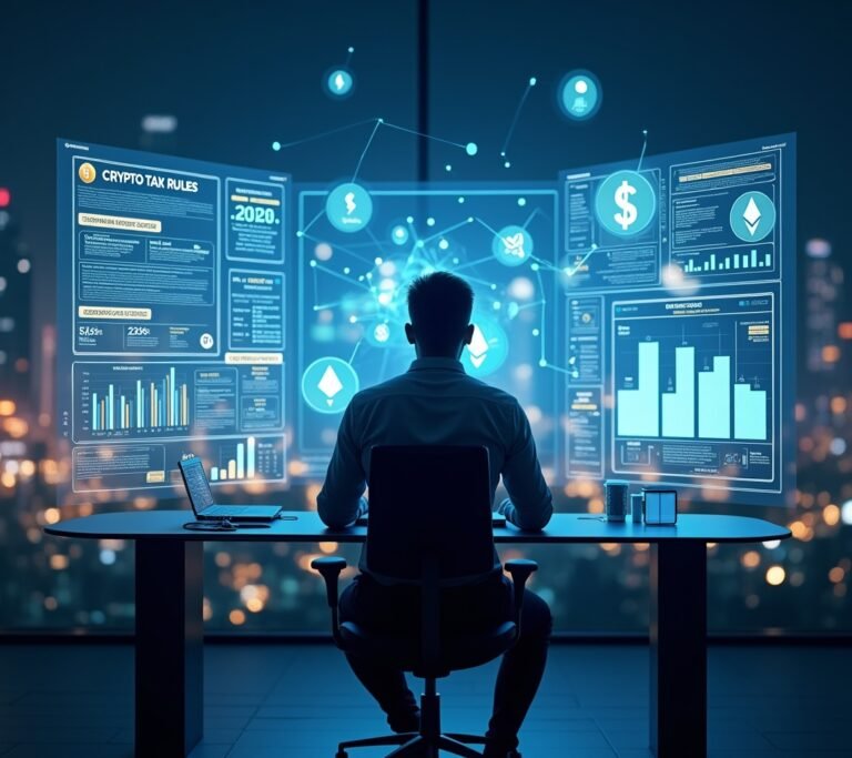 Cryptocurrency coins next to IRS tax forms on desk