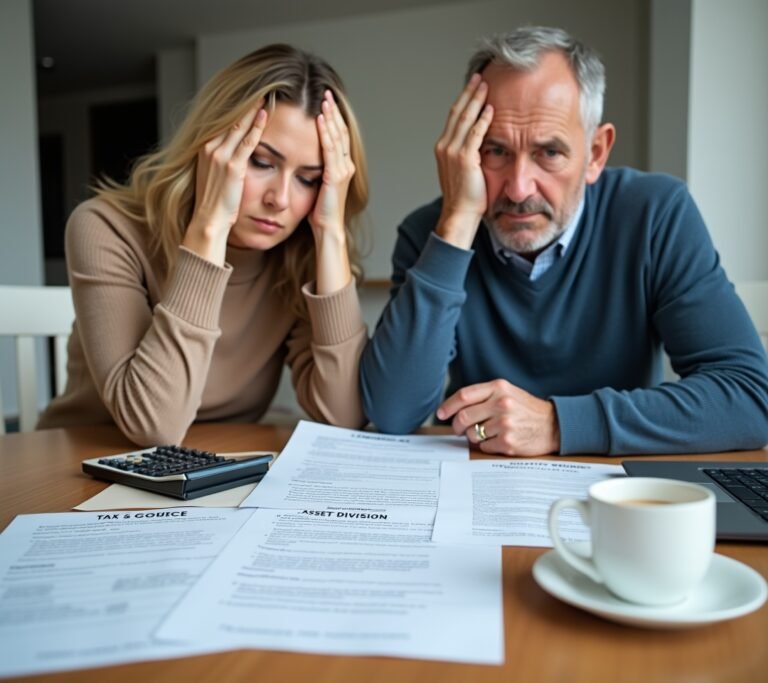 Divorce documents and financial paperwork on a table