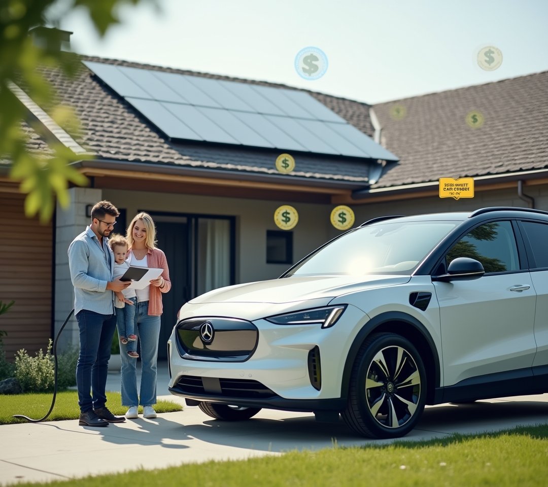 Electric vehicle plugged into a home charging station