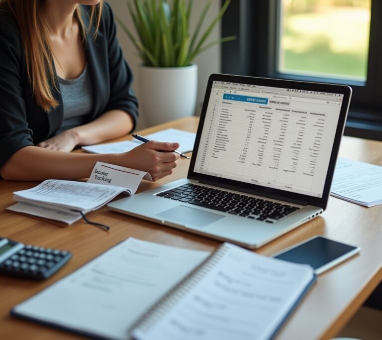 Freelancer tracking income in a spreadsheet on laptop