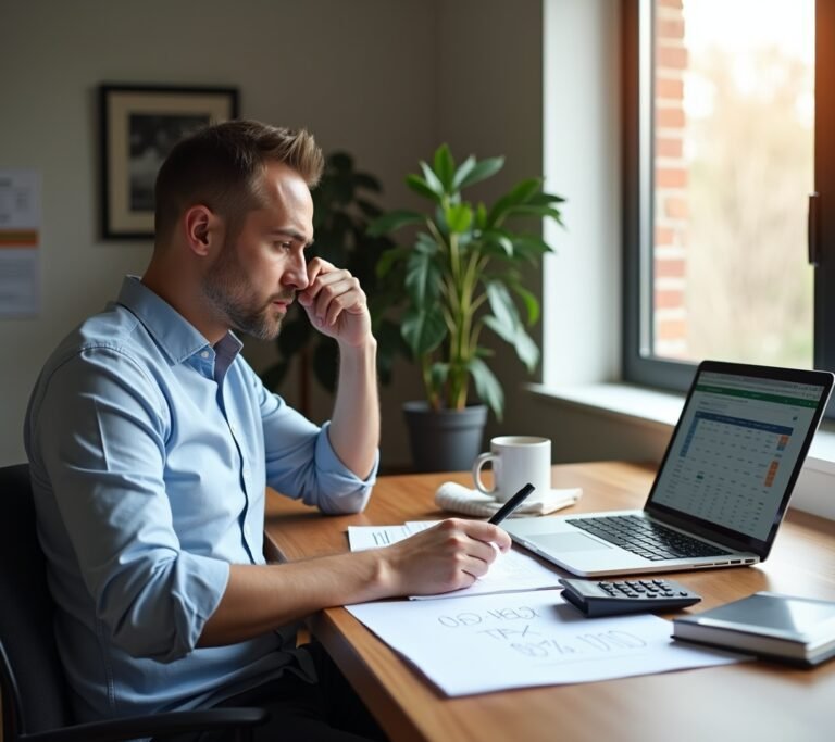 Freelancer reviewing finances on laptop at home desk