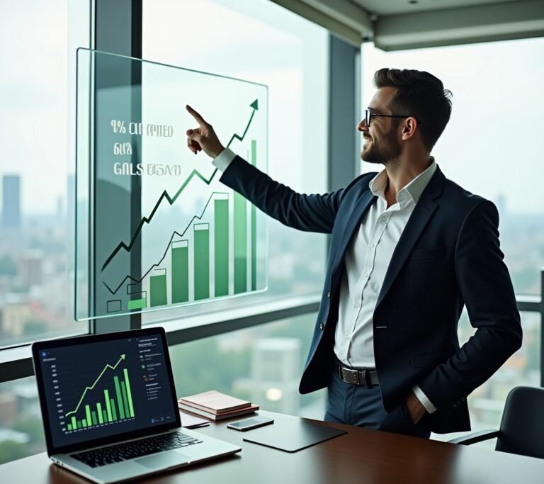 Investor reviewing portfolio with capital gains noted