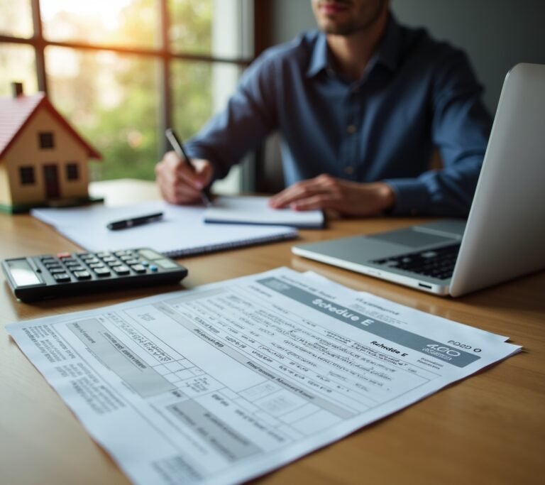 Landlord reviewing rental income statements at desk