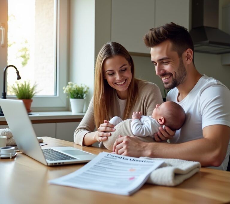 Happy parents holding their newborn baby at home