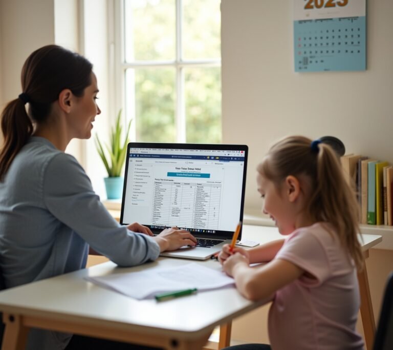 Parent dropping off child at a bright daycare center