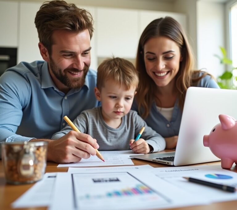 Parents and child reviewing college savings plan together