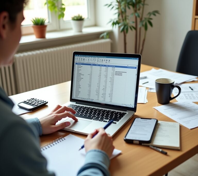 Self-employed person organizing receipts into folders