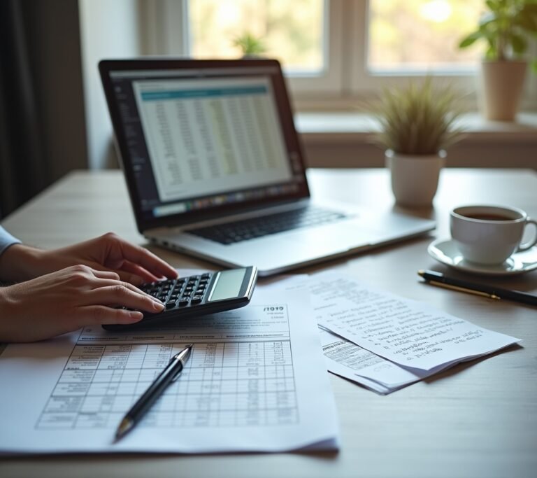 Self-employed person calculating taxes on paper