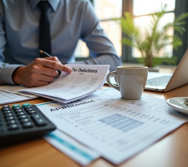 Small business owner reviewing receipts at a desk