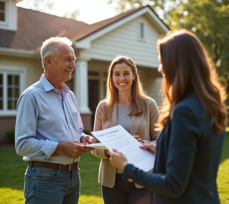 Sold sign in front of a house with a happy family