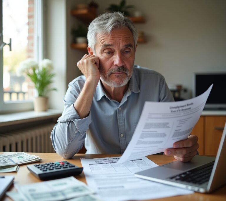 Person reviewing unemployment paperwork at home table
