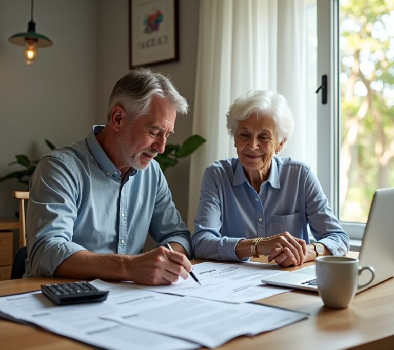 Adult child reviewing caregiving finances at kitchen table