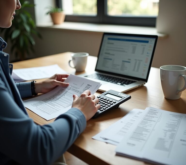 Self-employed worker reviewing 1099-NEC forms at desk