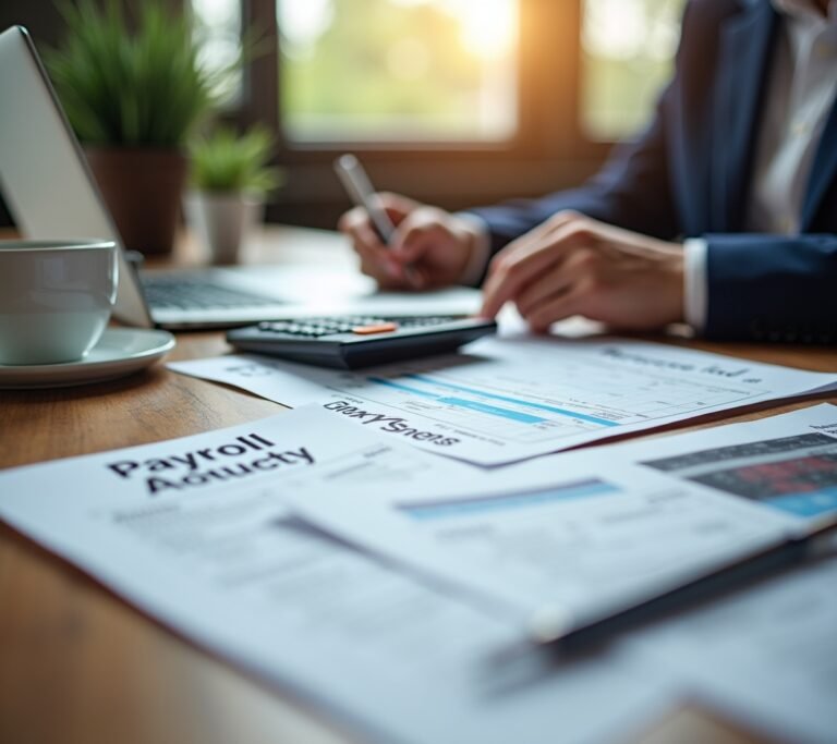 Small business owner reviewing payroll tax documents