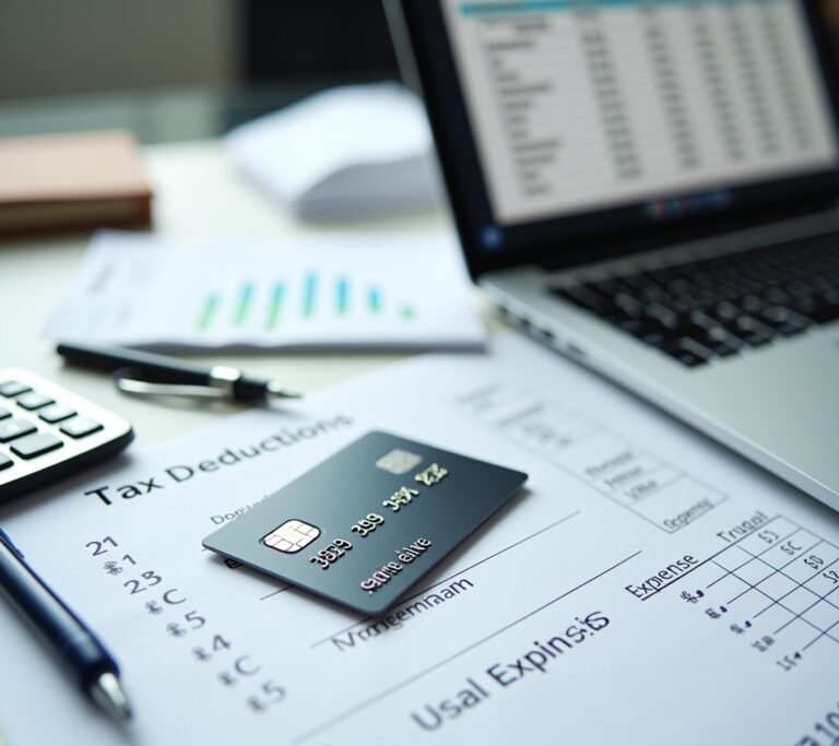 Business credit card next to categorized expense receipts