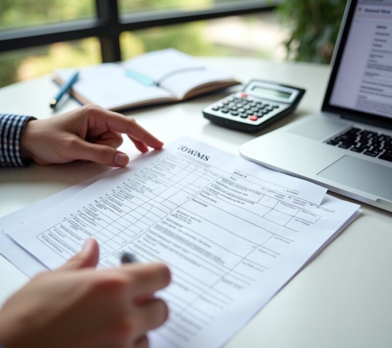 Employee carefully reviewing a W-2 form at a desk