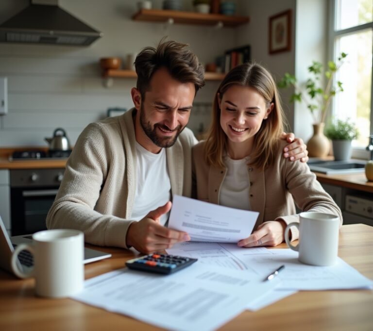 Newlywed couple reviewing tax documents together