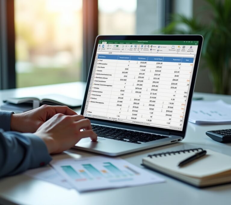 Self-employed person organizing expenses on a laptop