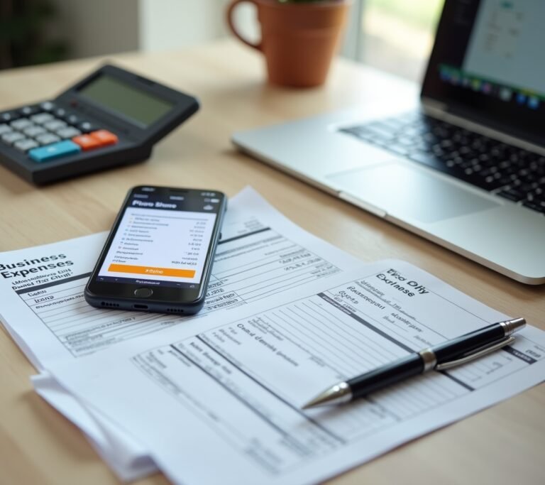 Smartphone placed next to business receipts on desk