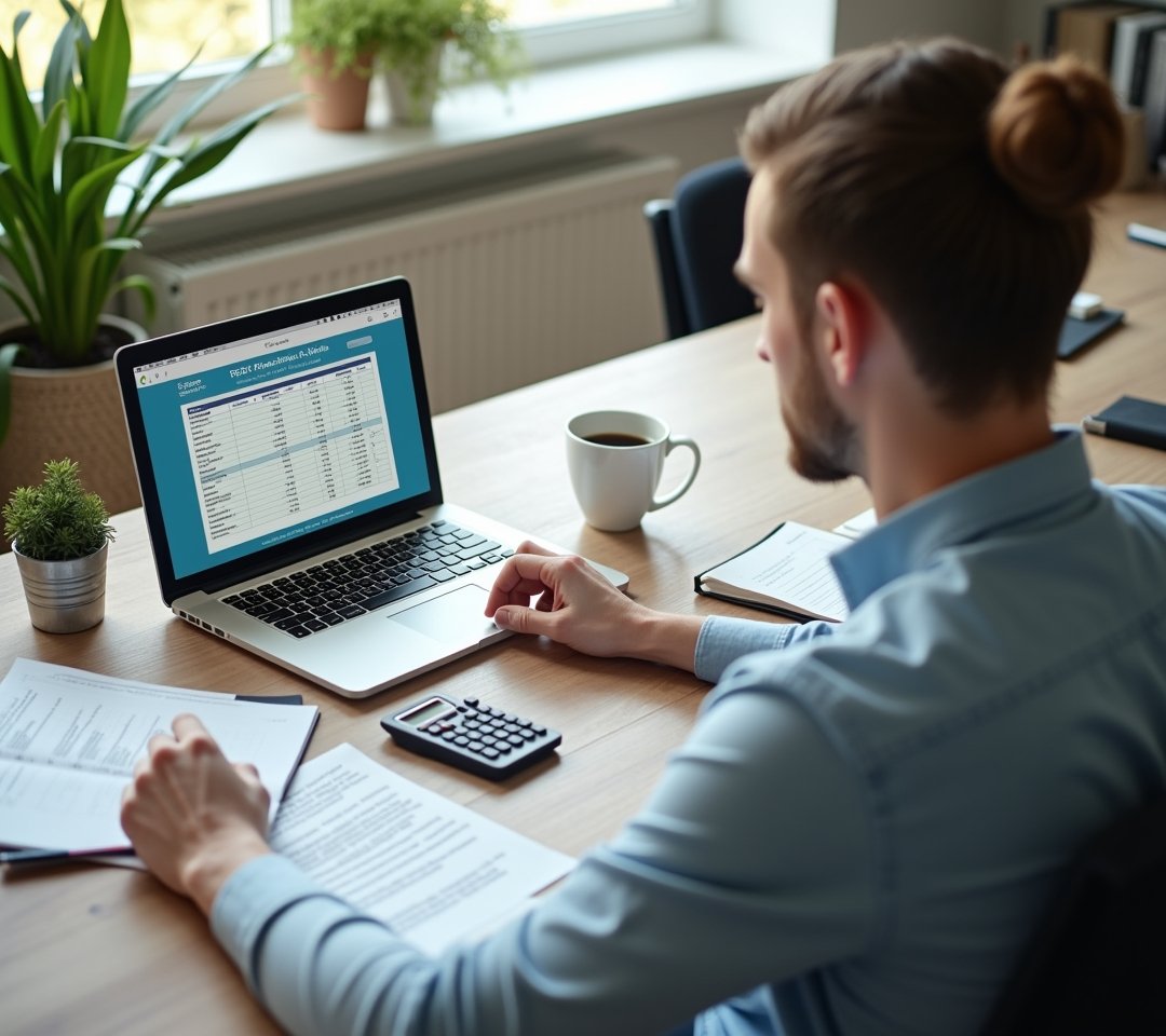 Sole proprietor reviewing Schedule C tax form at desk