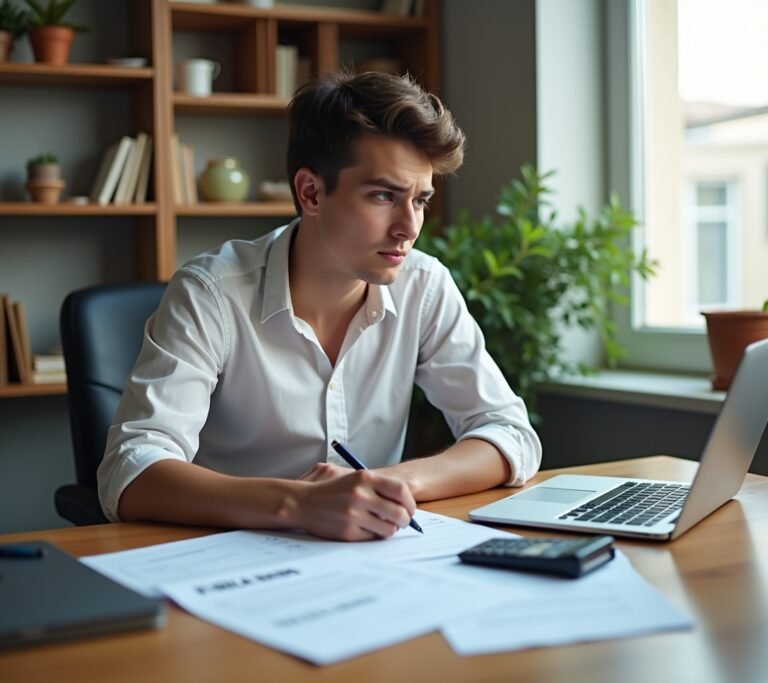 Young professional reviewing first paycheck with taxes