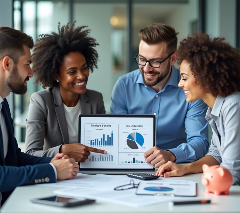 Business owner reviewing employee benefits documents