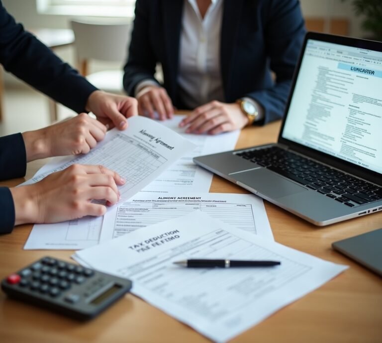 Divorced person reviewing alimony documents at desk